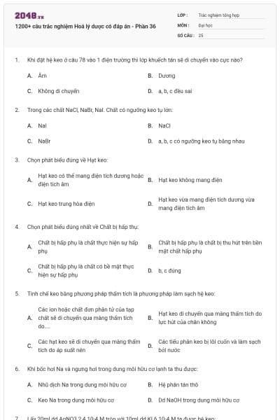 1200+ câu trắc nghiệm Hoá lý dược có đáp án - Phần 36