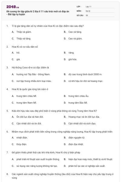 Đề cương ôn tập giữa kì 2 Địa lí 11 cấu trúc mới có đáp án - Bài tập tự luyện