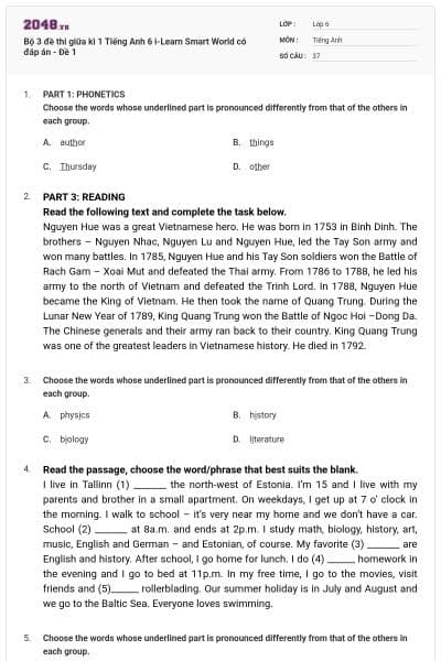 Bộ 3 đề thi giữa kì 1 Tiếng Anh 6 i-Learn Smart World có đáp án - Đề 1