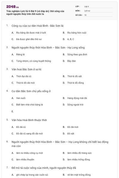 Trắc nghiệm Lịch Sử 6 Bài 9 (có đáp án): Đời sống của người nguyên thủy trên đất nước ta