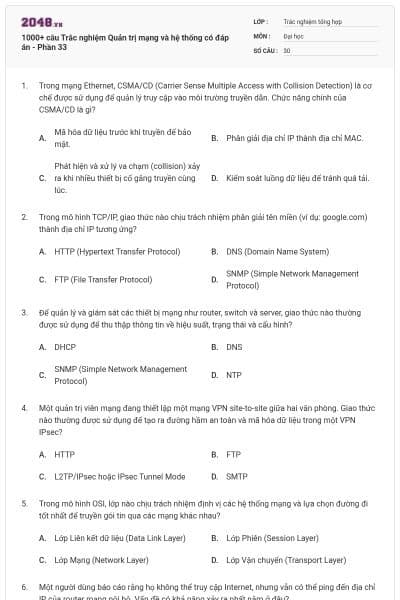 1000+ câu Trắc nghiệm Quản trị mạng và hệ thống có đáp án - Phần 33