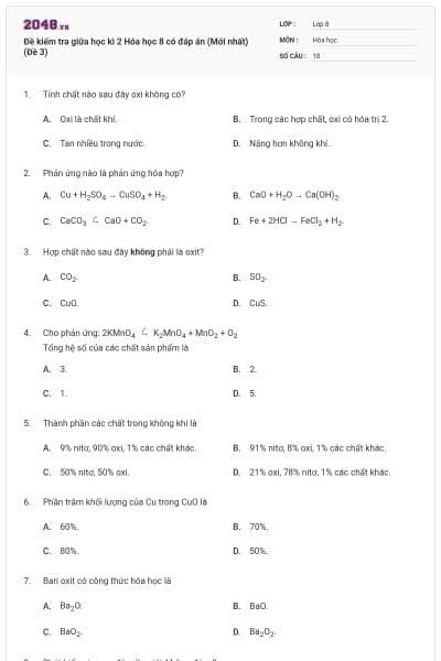 Đề kiểm tra giữa học kì 2 Hóa học 8 có đáp án (Mới nhất) (Đề 3)