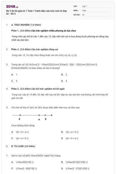 Bộ 5 đề thi giữa kì 1 Toán 7 Cánh diều cấu trúc mới có đáp án - Đề 3