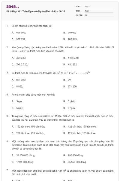Đề thi học kì 1 Toán lớp 4 có đáp án  (Mới nhất) - Đề 18