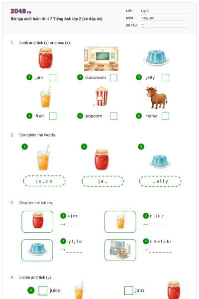 Bài tập cuối tuần Unit 7 Tiếng Anh lớp 2 (có đáp án)