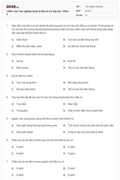 1000+ câu Trắc nghiệm Quản lý đầu tư (có đáp án) - Phần 3