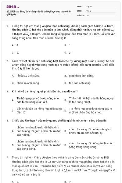 232 Bài tập Sóng ánh sáng sát đề thi Đại học cực hay có lời giải (p6)