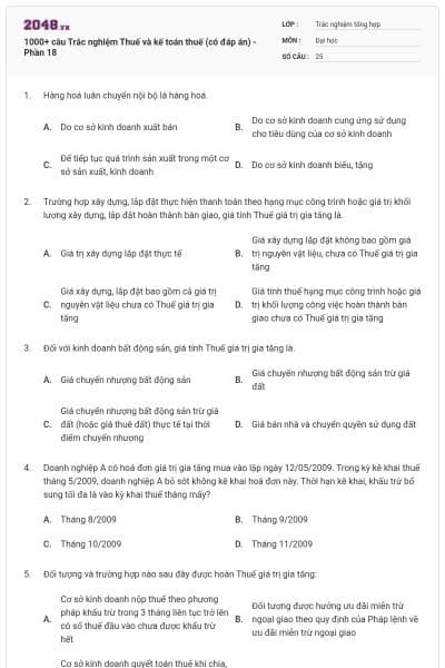 1000+ câu Trắc nghiệm Thuế và kế toán thuế (có đáp án) - Phần 18