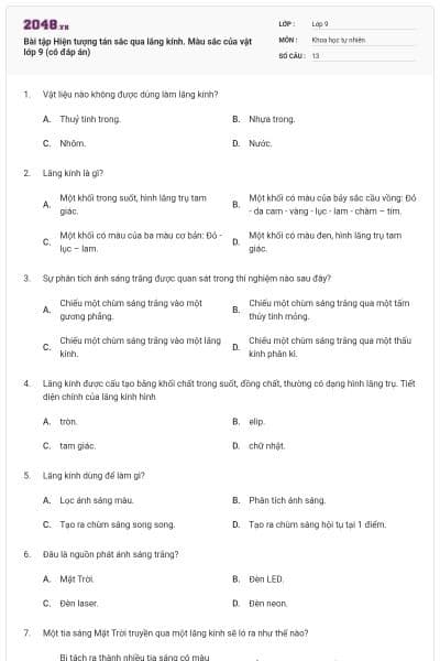 Bài tập Hiện tượng tán sắc qua lăng kính. Màu sắc của vật lớp 9 (có đáp án)
