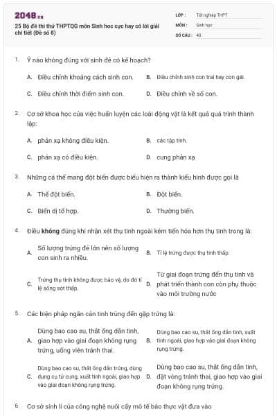 25 Bộ đề thi thử THPTQG môn Sinh hoc cực hay có lời giải chi tiết (Đề số 8)