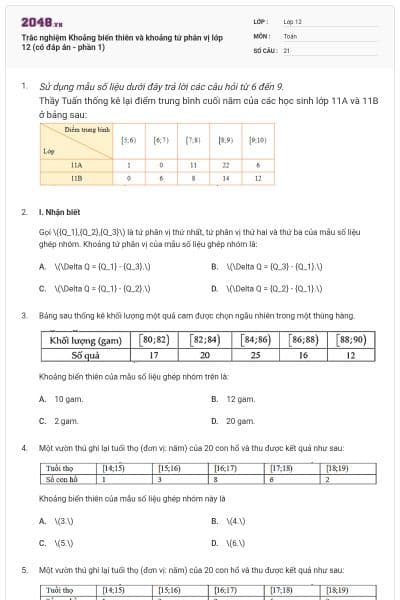 Trắc nghiệm Khoảng biến thiên và khoảng tứ phân vị lớp 12 (có đáp án - phần 1)