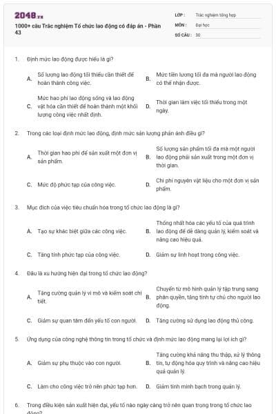 1000+ câu Trắc nghiệm Tổ chức lao động có đáp án - Phần 43
