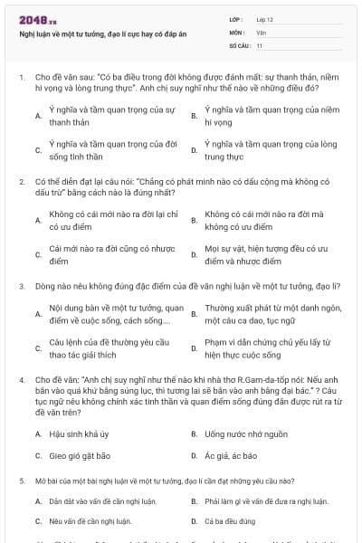 Nghị luận về một tư tưởng, đạo lí cực hay có đáp án