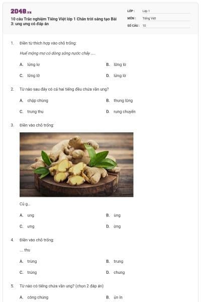 10 câu Trắc nghiệm Tiếng Việt lớp 1 Chân trời sáng tạo Bài 3: ung ưng có đáp án