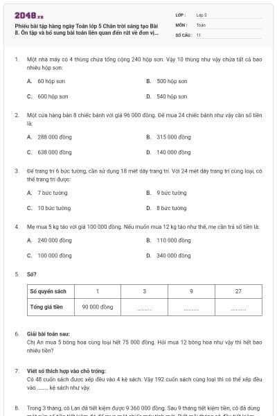 Phiếu bài tập hàng ngày Toán lớp 5 Chân trời sáng tạo Bài 8. Ôn tập và bổ sung bài toán liên quan đến rút về đơn vị (có đáp án)