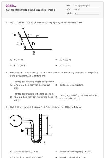 200+ câu Trắc nghiệm Thủy lực (có đáp án) - Phần 3
