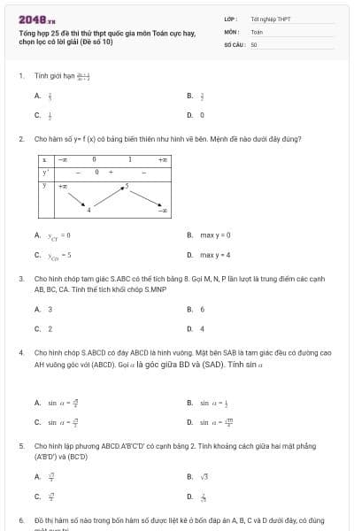 Tổng hợp 25 đề thi thử thpt quốc gia môn Toán cực hay, chọn lọc có lời giải (Đề số 10)
