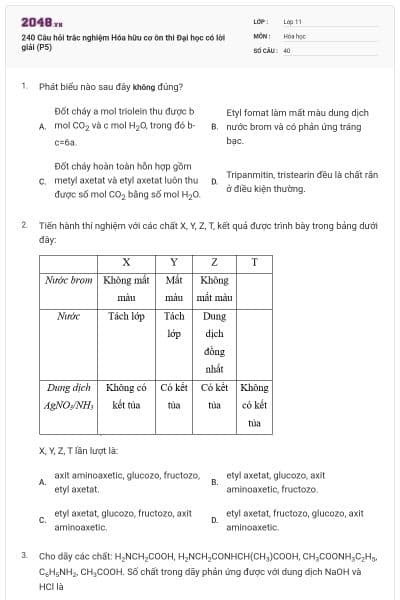 240 Câu hỏi trắc nghiệm Hóa hữu cơ ôn thi Đại học có lời giải (P5)