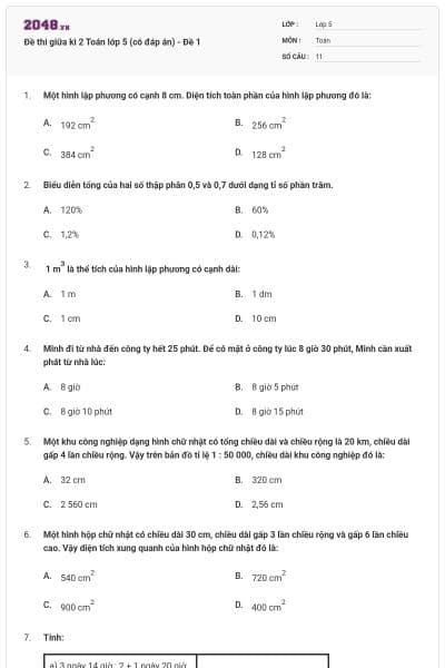 Đề thi giữa kì 2 Toán lớp 5 (có đáp án) - Đề 1
