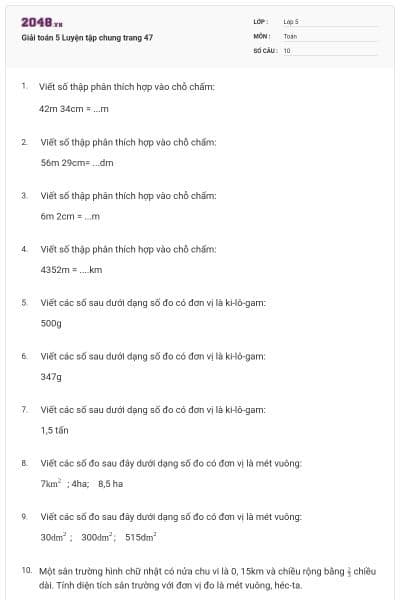 Giải toán 5 Luyện tập chung trang 47