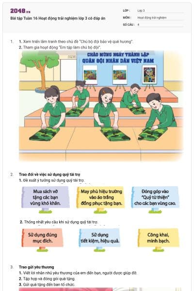 Bài tập Tuần 16 Hoạt động trải nghiệm lớp 3 có đáp án