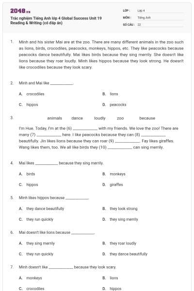 Trắc nghiệm Tiếng Anh lớp 4 Global Success Unit 19 Reading & Writing (có đáp án)