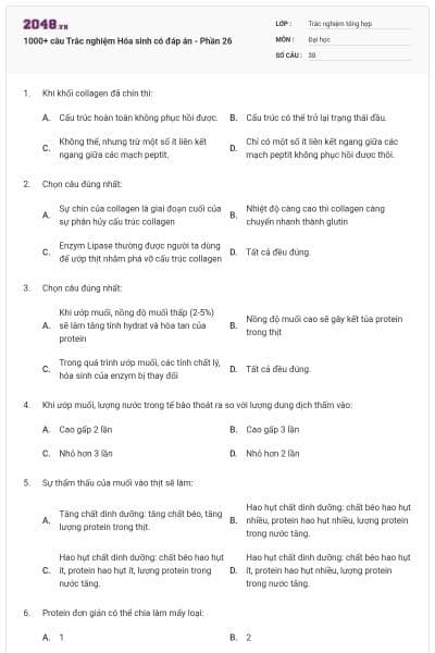 1000+ câu Trắc nghiệm Hóa sinh có đáp án - Phần 26