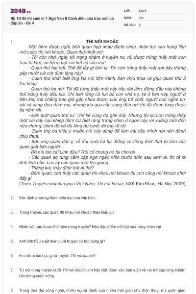 Bộ 10 đề thi cuối kì 1 Ngữ Văn 8 Cánh diều cấu trúc mới có đáp án - Đề 4