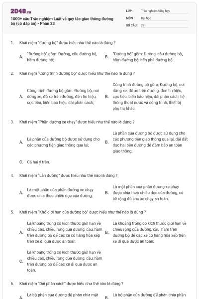 1000+ câu Trắc nghiệm Luật và quy tắc giao thông đường bộ (có đáp án) - Phần 23