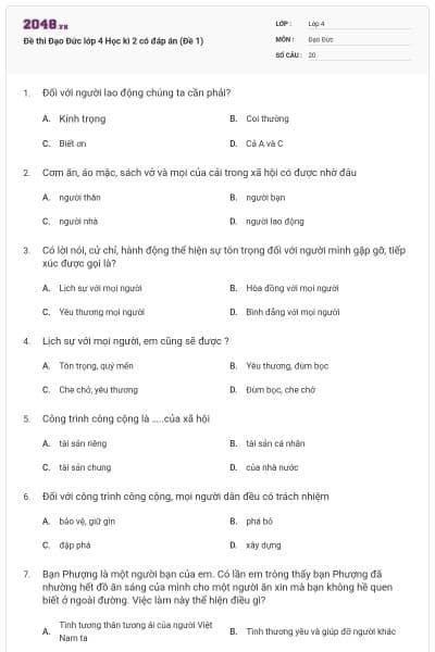 Đề thi Đạo Đức lớp 4 Học kì 2 có đáp án (Đề 1)