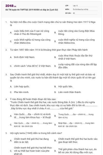 Đề TN luyện thi THPTQG 2019 KHXH có đáp án (Lịch Sử)