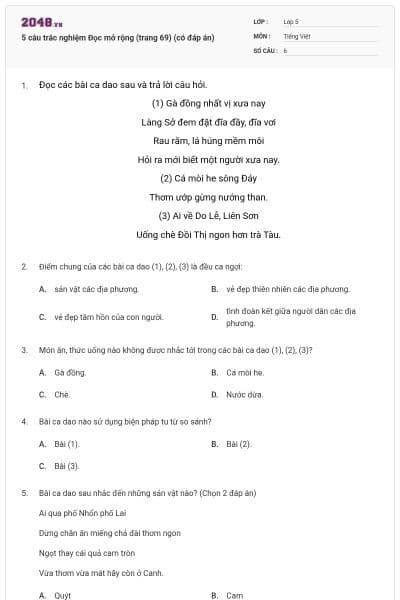 5 câu trắc nghiệm Đọc mở rộng (trang 69) (có đáp án)