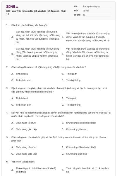 300+ câu Trắc nghiệm Du lịch văn hóa (có đáp án) - Phần 11
