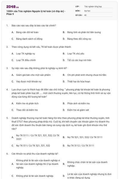 1000+ câu Trắc nghiệm Nguyên lý kế toán (có đáp án) - Phần 9