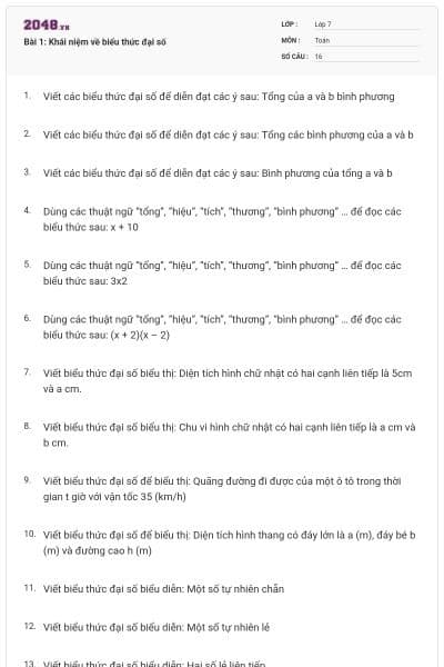 Bài 1: Khái niệm về biểu thức đại số