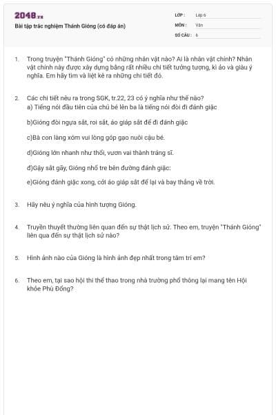 Bài tập trắc nghiệm Thánh Gióng (có đáp án)