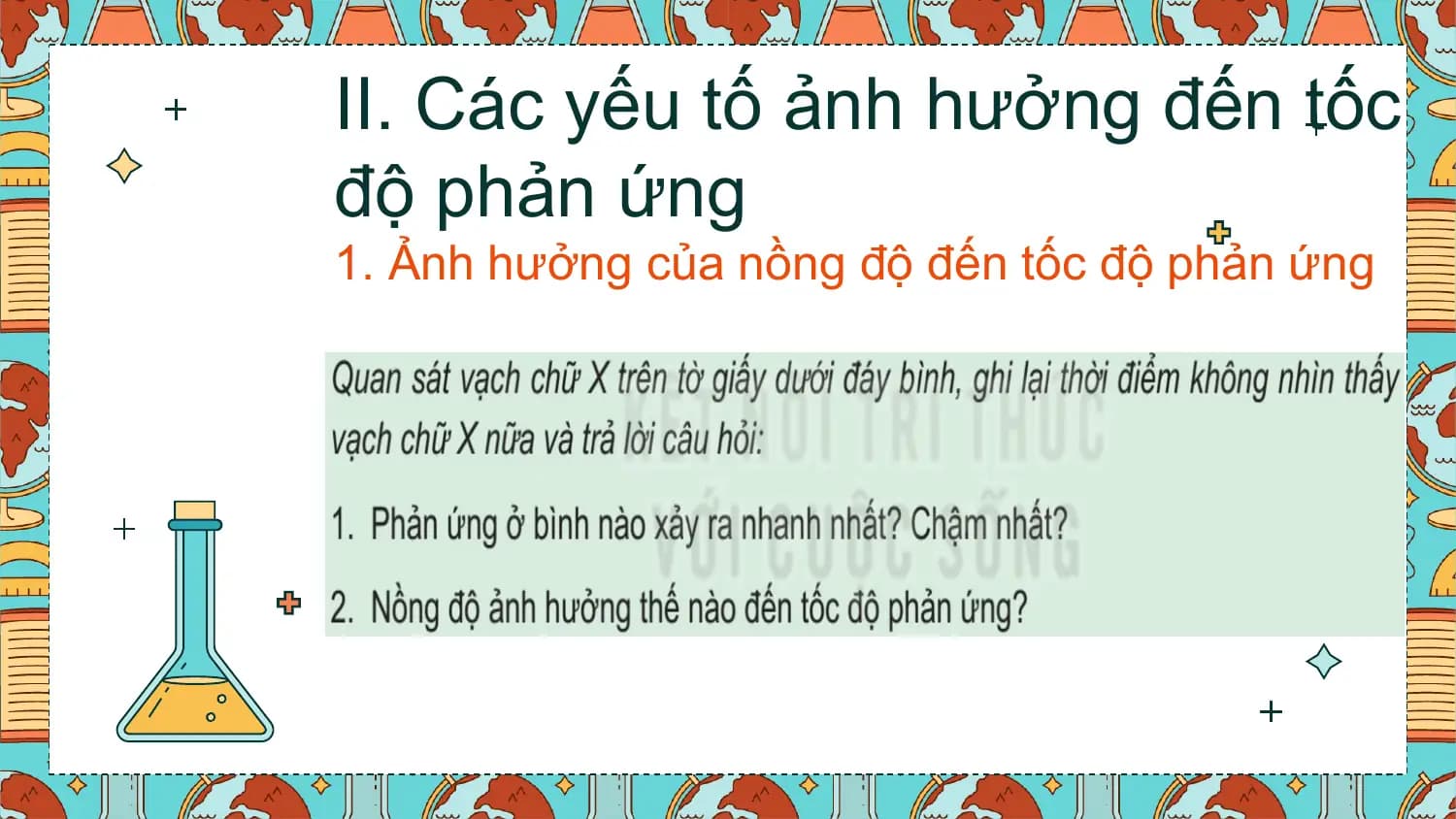 II. Các yếu tố ảnh hưởng đến tốc
độ phản ứng
1. Ảnh hưởng của nồng độ đến tốc độ phản ứng