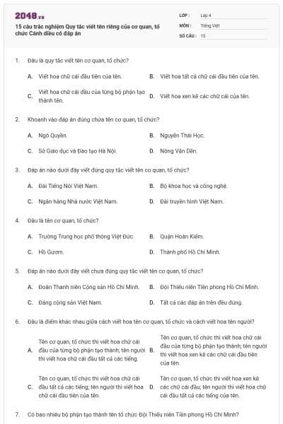 15 câu trắc nghiệm Quy tắc viết tên riêng của cơ quan, tổ chức Cánh diều có đáp án