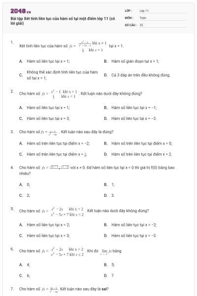 Bài tập Xét tính liên tục của hàm số tại một điểm lớp 11 (có lời giải)