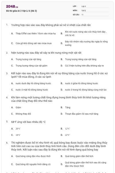 Đề thi giữa kì 2 Vật Lí 6 (Đề 3)