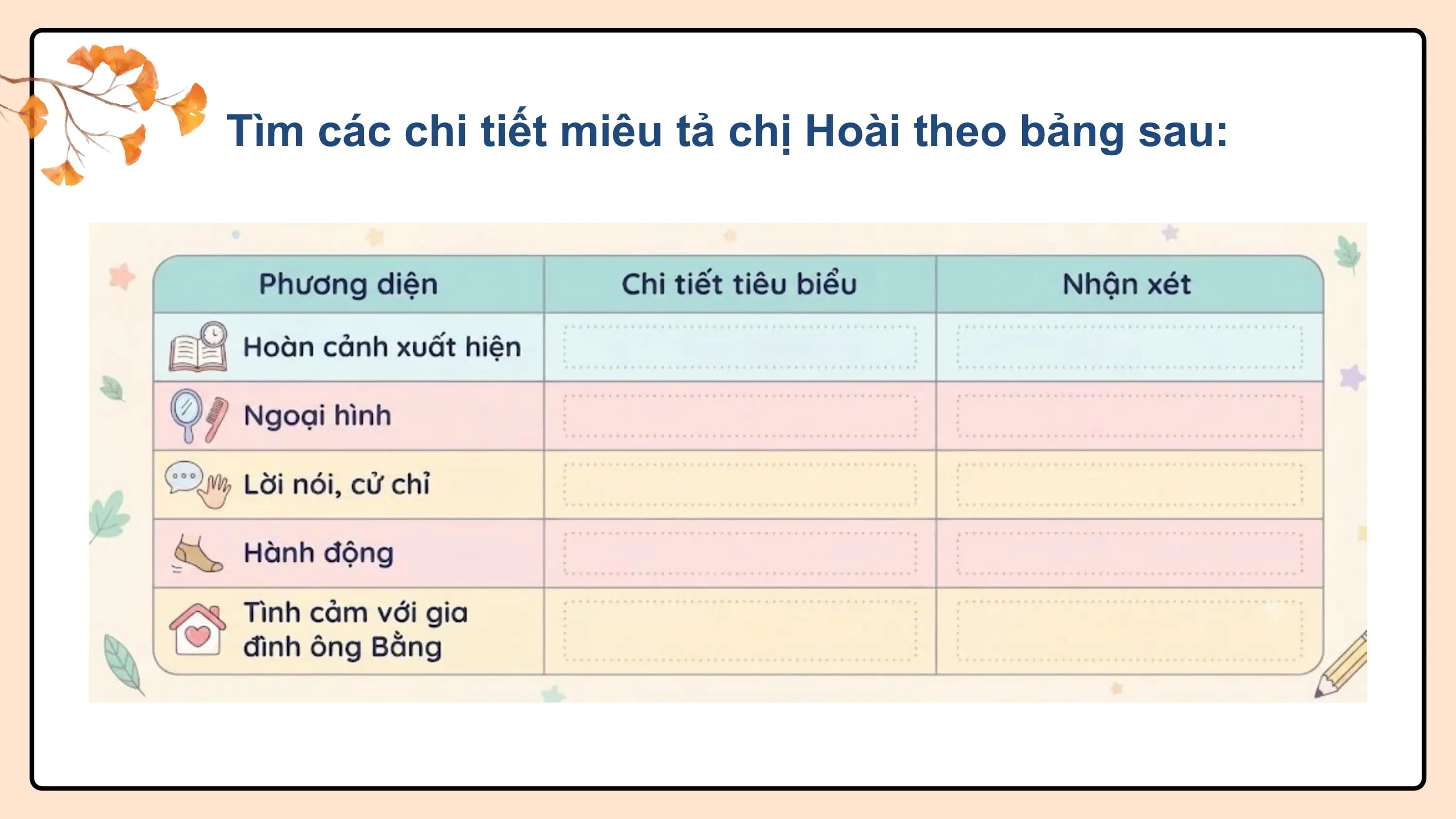 Tìm các chi tiết miêu tả chị Hoài theo bảng sau: