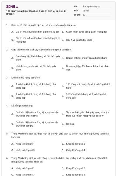 110 câu Trắc nghiệm tổng hợp Quản trị dịch vụ có đáp án (Phần 1)