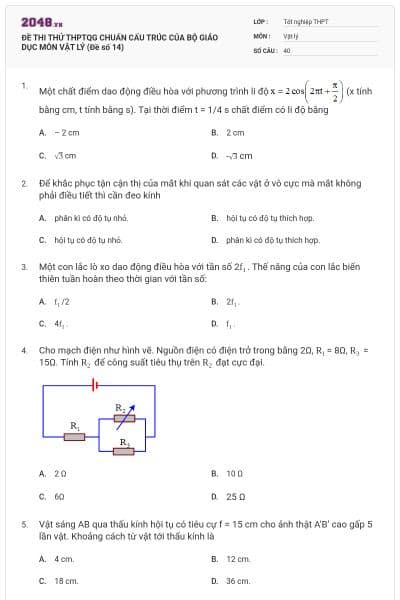 ĐỀ THI THỬ THPTQG CHUẨN CẤU TRÚC CỦA BỘ GIÁO DỤC MÔN VẬT LÝ (Đề số 14)