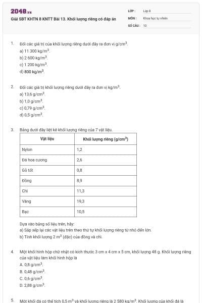 Giải SBT KHTN 8 KNTT Bài 13. Khối lượng riêng có đáp án