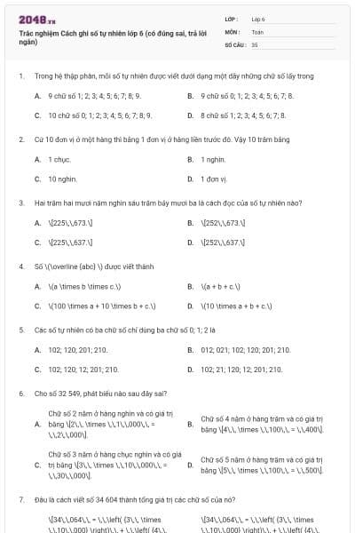 Trắc nghiệm Cách ghi số tự nhiên lớp 6 (có đúng sai, trả lời ngắn)