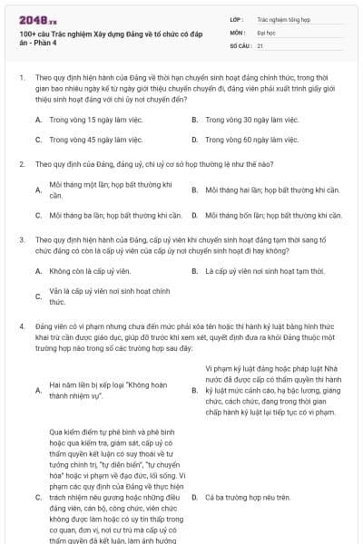100+ câu Trắc nghiệm Xây dựng Đảng về tổ chức có đáp án - Phần 4