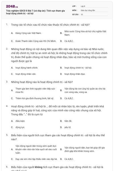 Trắc nghiệm GDCD 8 Bài 7 (có đáp án): Tích cực tham gia hoạt động chính trị - xã hội