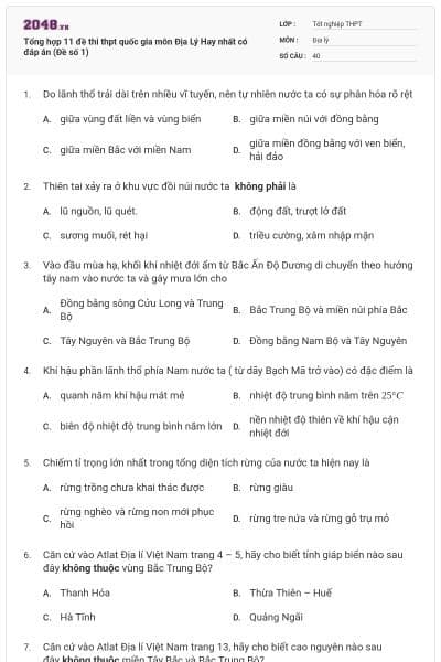 Tổng hợp 11 đề thi thpt quốc gia môn Địa Lý Hay nhất có đáp án (Đề số 1)