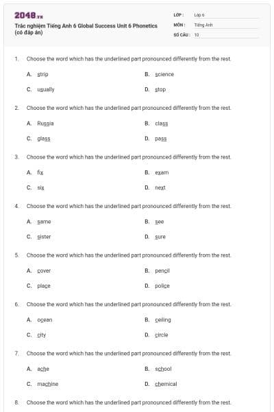 Trắc nghiệm Tiếng Anh 6 Global Success Unit 6 Phonetics (có đáp án)