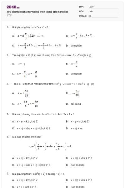 100 câu trắc nghiệm Phương trình lượng giác nâng cao (P4)